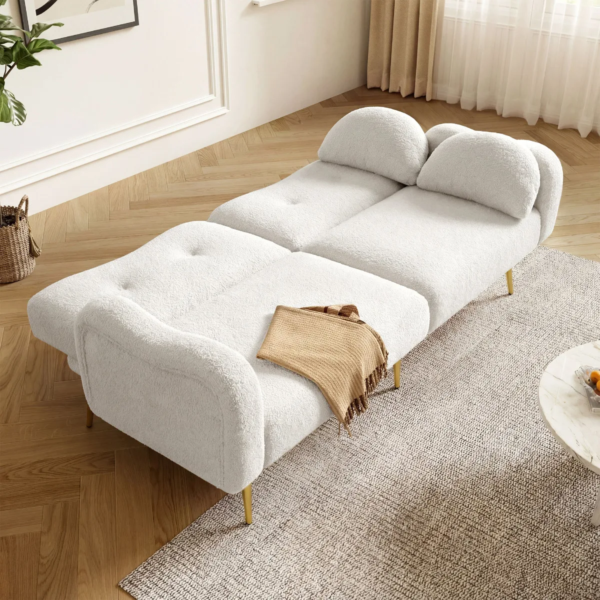 2-Sitzer-Schlafsofa mit Schlaffunktion: verstellbare Rückenlehne, vergoldete Metallbeine, 2-in-1-Multifunktionsmöbel