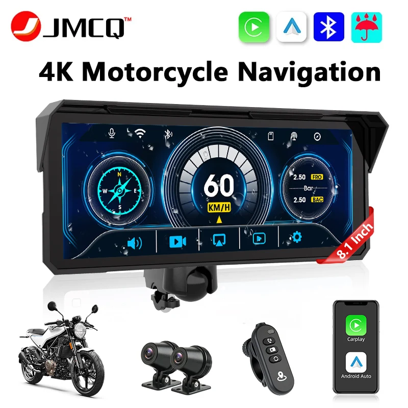 JMCQ Tragbarer 8,1-Zoll-Motorrad-4K-DVR mit GPS-Navigation, kabellosem Carplay, Android Auto, Moto-Recorder-Monitor, IPX7 wasserdicht Image