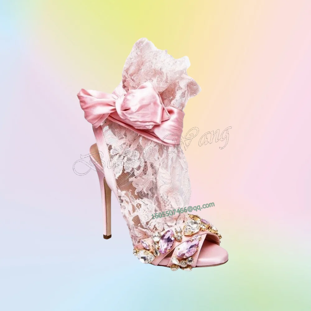Rosa Kristall-Dekor-Laser-Sandalen, große Schleife, Knoten-Absätze, offene Zehen, hohe Schuhe, dünne High-Heel-Schuhe für Frauen, 2025, Zapatos Para Mujere