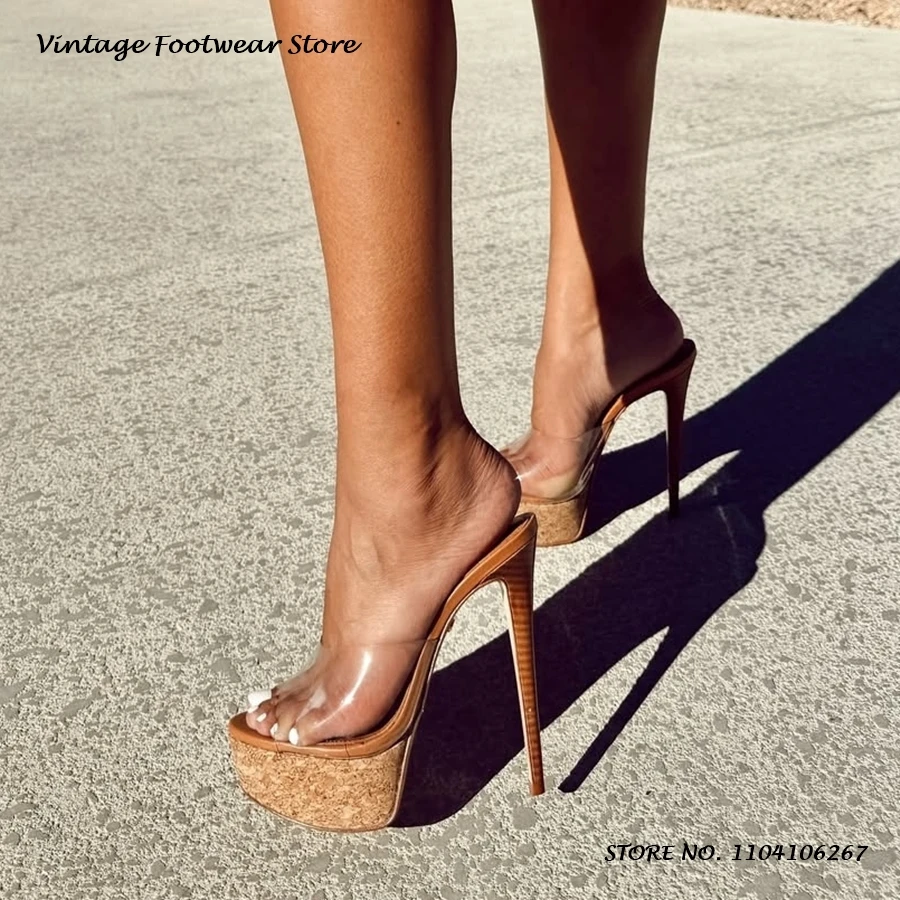 Prägnante High Heel Plattform Pantoletten Runde Offene spitze Dünne Fersen Party Kleid Schuhe frauen Sommer Pull On Plus Größe Mode hausschuhe