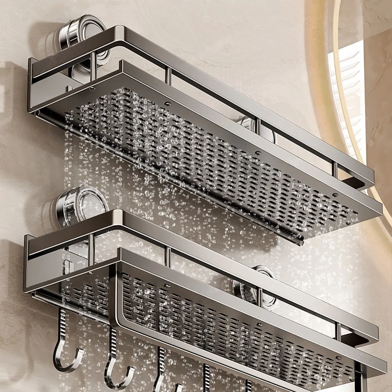 Bohrfreies Saugnapf-Badezimmerregal, Toilettenregal aus Aluminium, Hängeregal, Badezimmer-Organizer zum Aufhängen an der Wand Image