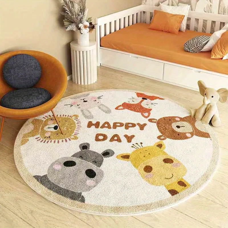 Runder Teppich mit Cartoon-Tiermuster – rutschfeste, weiche Schlafzimmer-Bodenmatte für Wohnzimmer oder Spielzimmer, Kinderteppich als Weihnachtsgeschenk Image