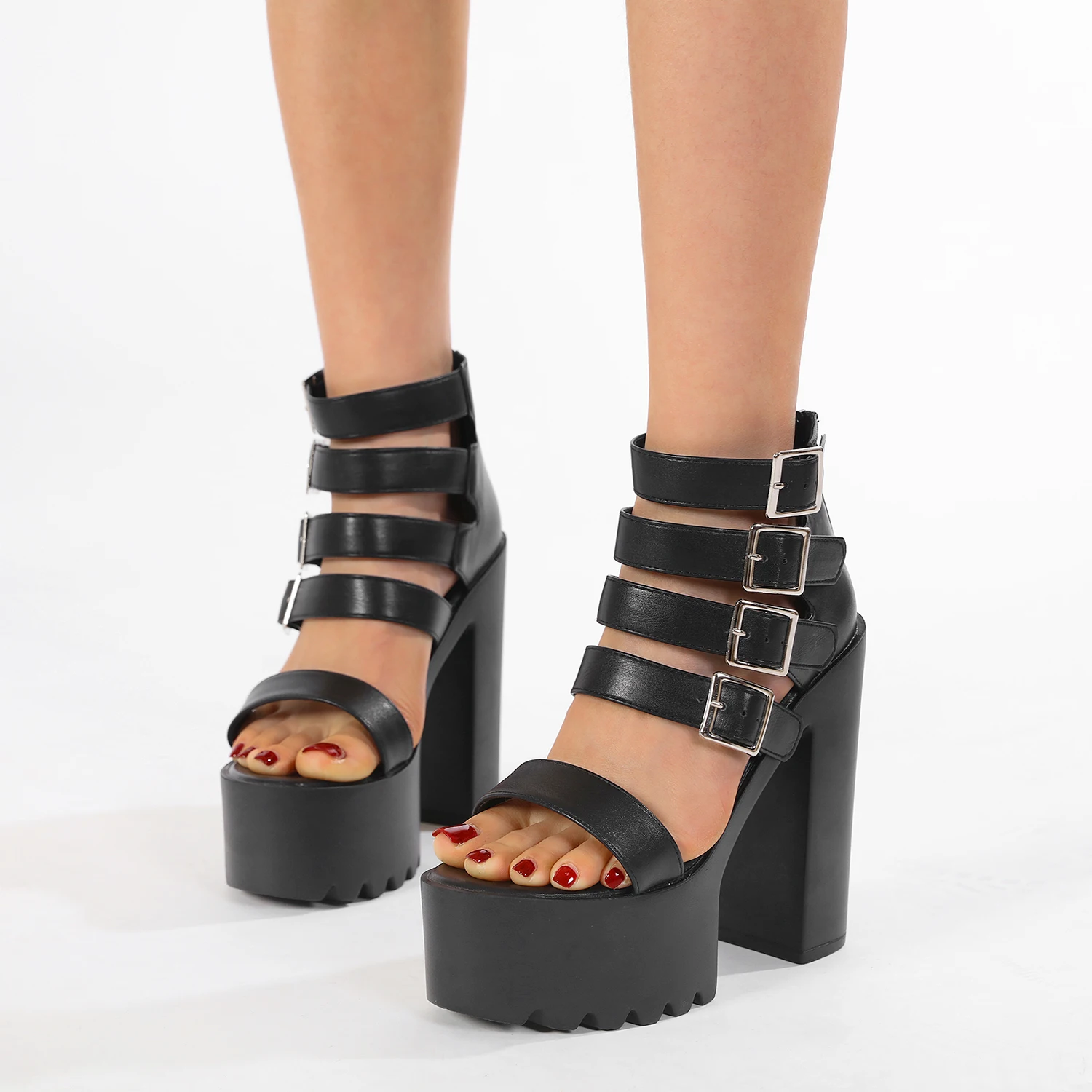 Gdgydh Ultra High Heels Damen-Sandalen, Bühne, dicker Boden, Show, Laufsteg, Sommerschuhe mit Reißverschluss, Plateau-Sandalen, Schnallenriemen Image