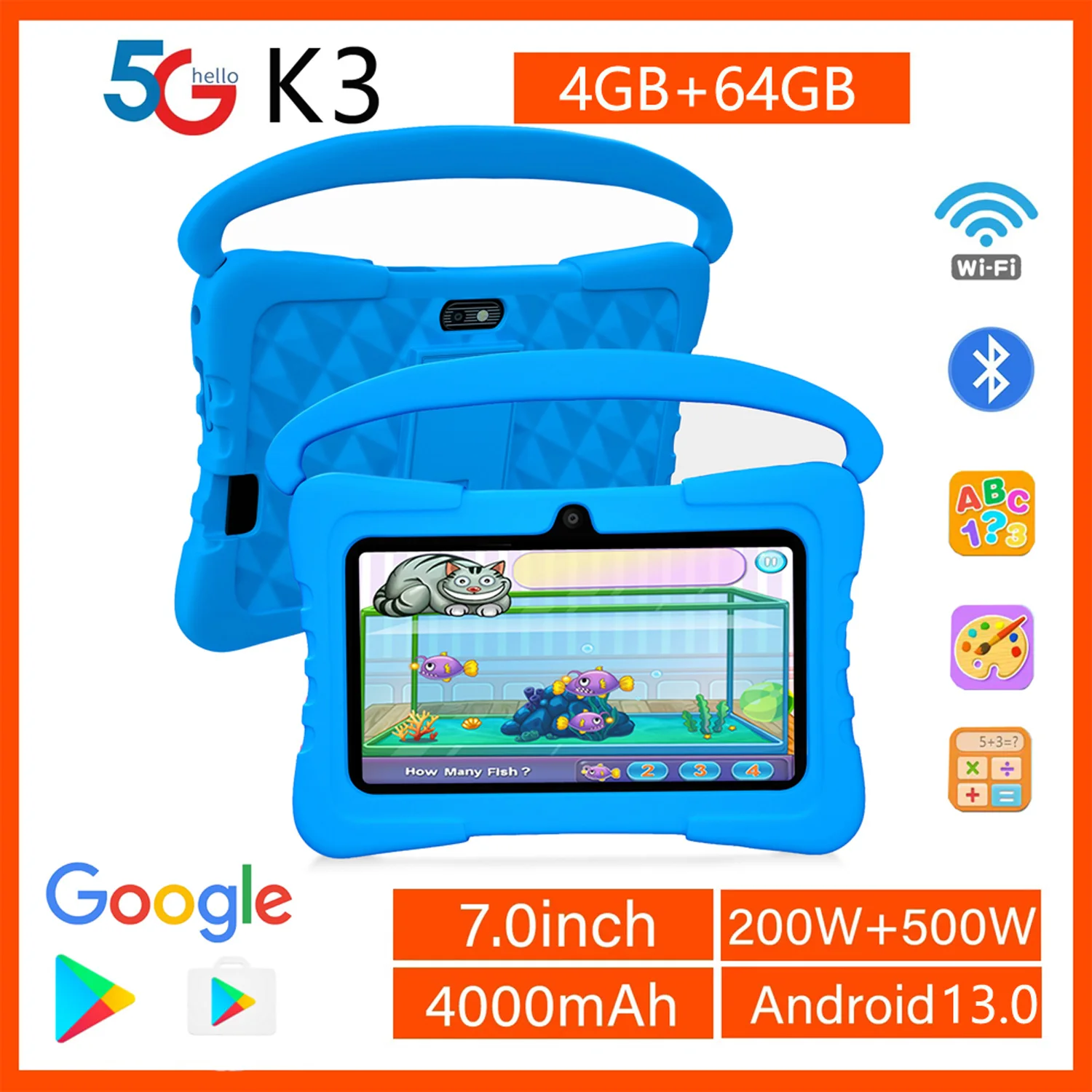 BDF-K3 Kinder 7-Zoll-Android-Tablets Quad Core 4 GB + 64 GB ROM Cartoon tragbar mit kindersicherer Schutzhülle Bestes Geschenk für Kinder Image