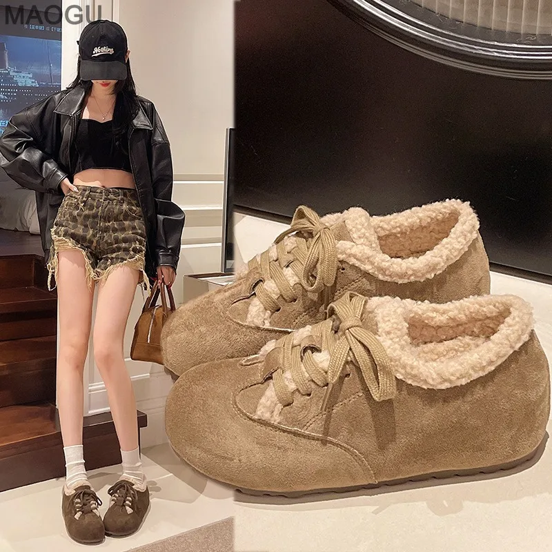 Flache Schnür-Plüschschuhe für Damen, 2025 Winter, neue Vintage-Schuhe mit weicher Sohle, warme Schuhe mit 5 cm Innenhöhe, Erhöhung der Größe 35–40