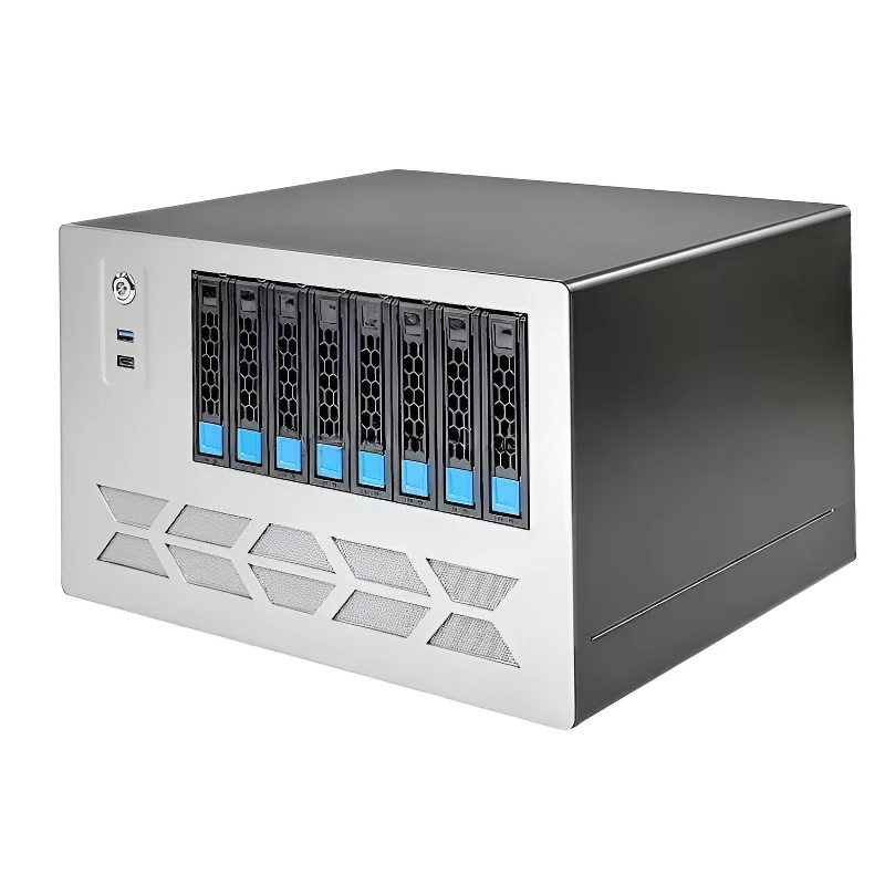 8Bay MATX NAS-Servergehäuse Mid Tower mit Typ-C-Schnittstelle Flex 1U-Netzteil USB3.0 Typ-C-Schnittstelle Vorderanschluss und Lüfter
