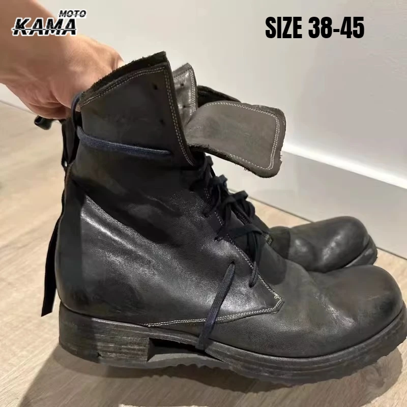 Vintage Herren Echtleder Gothic Stiefel Handgefertigte Designer Hollow Out Sole Lace Up Britischer Stil Motorrad High Top Schuhe Männlich