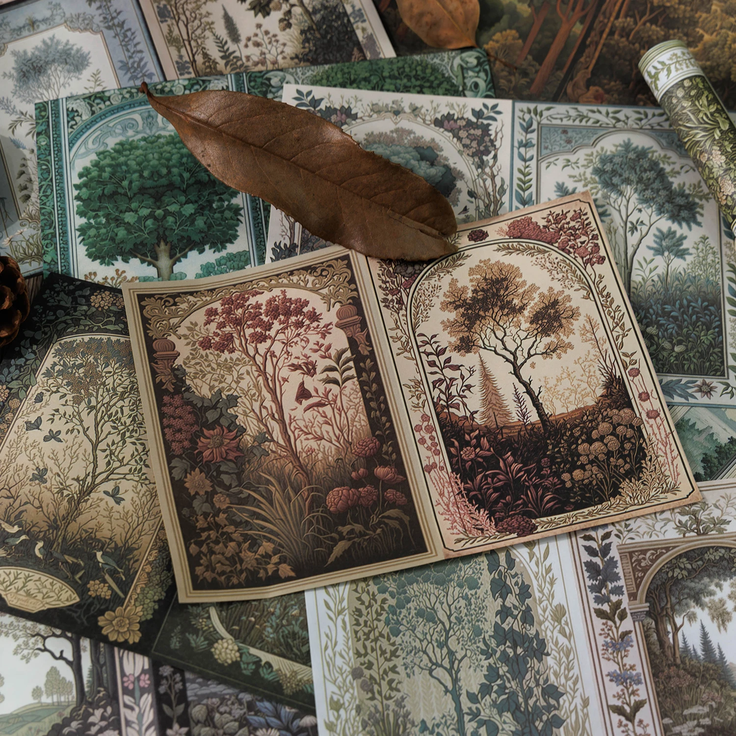 JIANQI 16-teiliges Retro-Materialpapier aus großem Material, Waldlandschaft, Textpflanzen, alte Zeitung, dekoratives Scrapbook-Zubehör