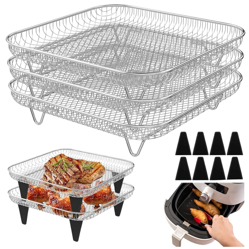 Edelstahl-Heißluftfritteuse-Backrost mit Heißluftfritteuse-Papier, Ofen-Grillhalterung, Lebensmittel-Back-, Koch- und Frittierkorb Image