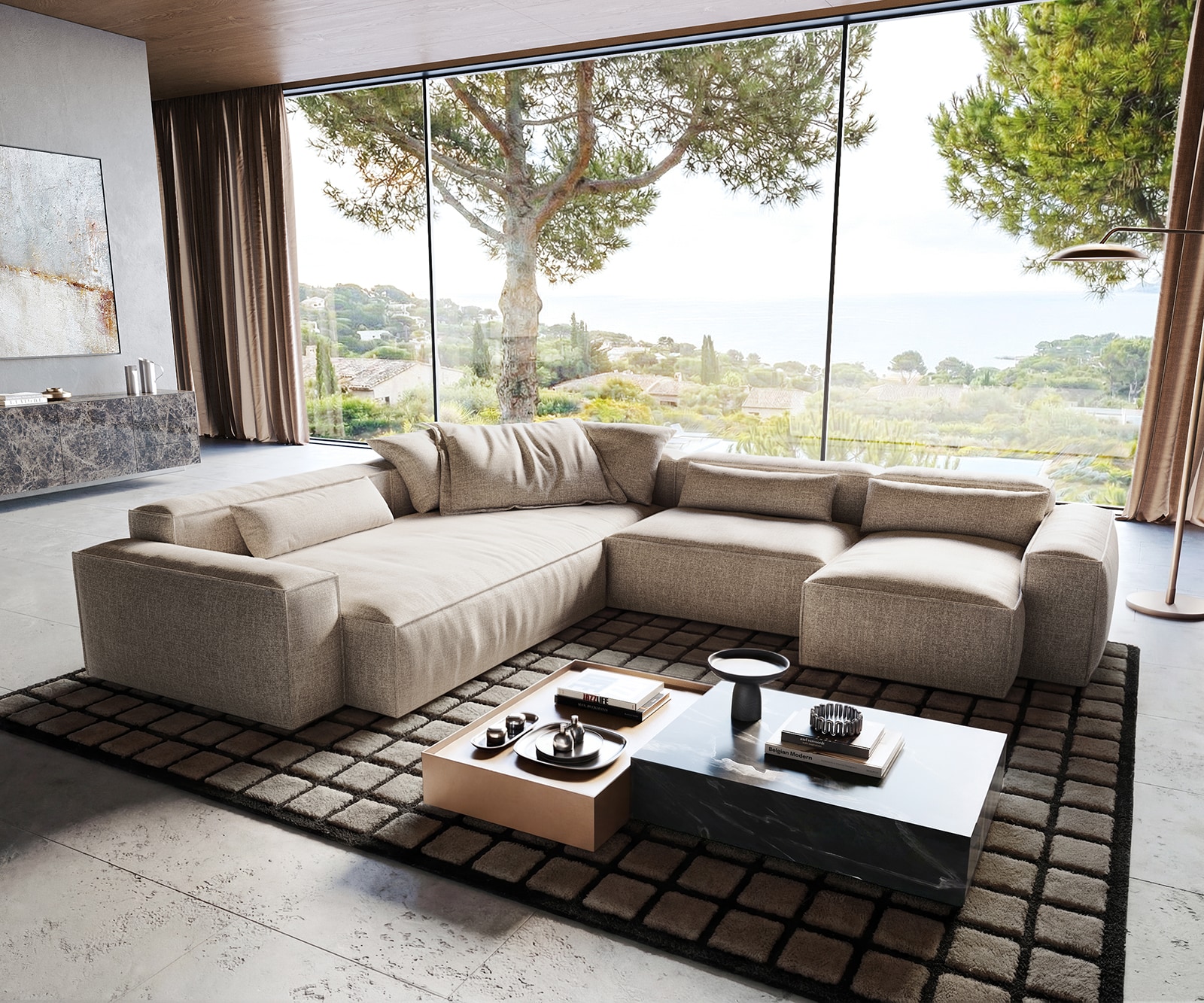 DELIFE Wohnlandschaft Freestyle 360x290 cm Webstoff Soft Beige Kedernaht, Sofas Image