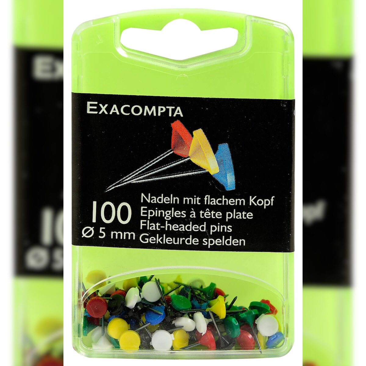 Exacompta 14572E Blisterbox mit 100 Stück Flachkopfnadeln, Ø5mm, Spitze 8mm - Farben sortiert Image