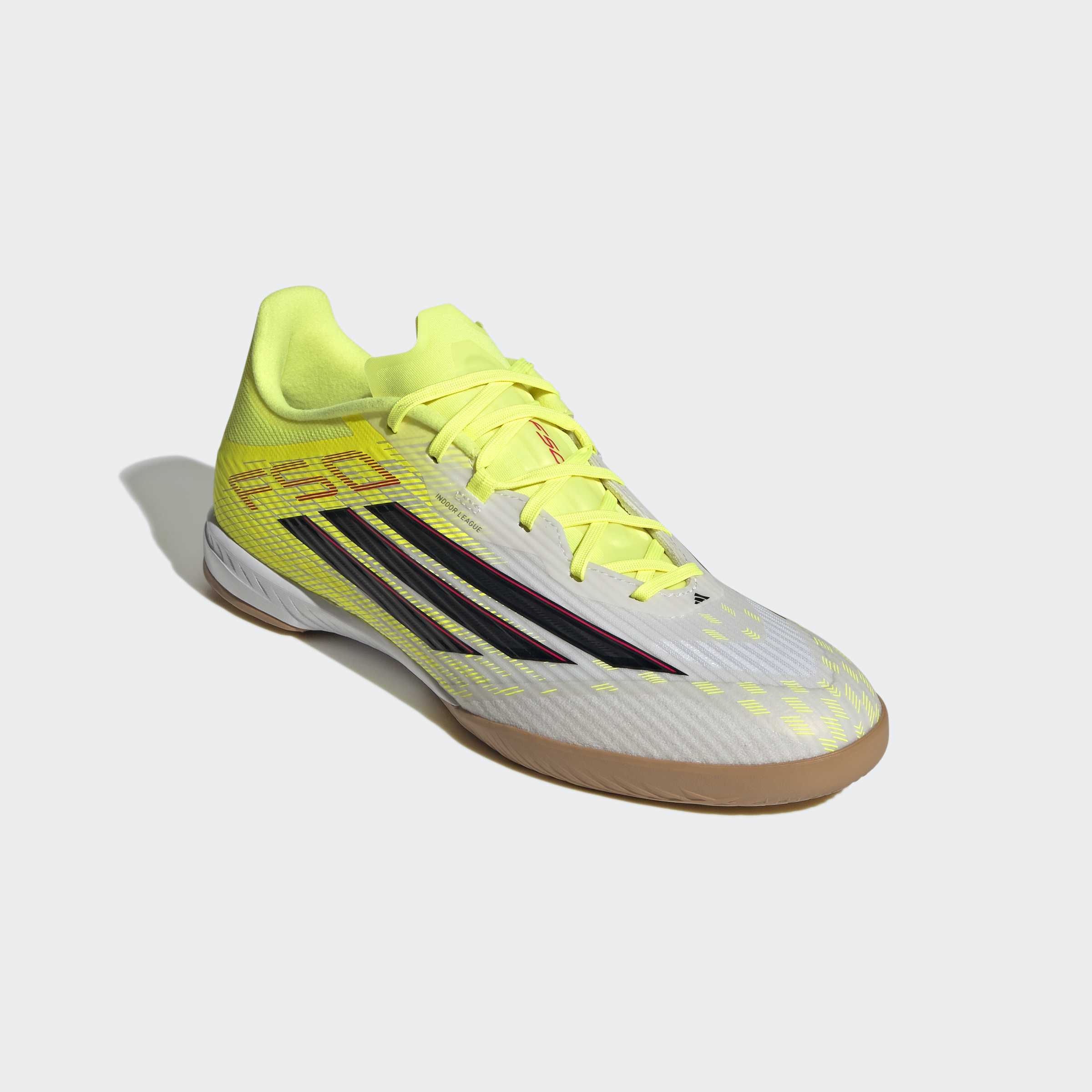 Fußballschuh ADIDAS PERFORMANCE "F50 LEAGUE, HALLENBÖDEN", Gr. 44,5, team solar gelb 2, core schwarz, lucid rot, Synthetik, Textil, Schuhe Fußballschuh, für Hallenboden