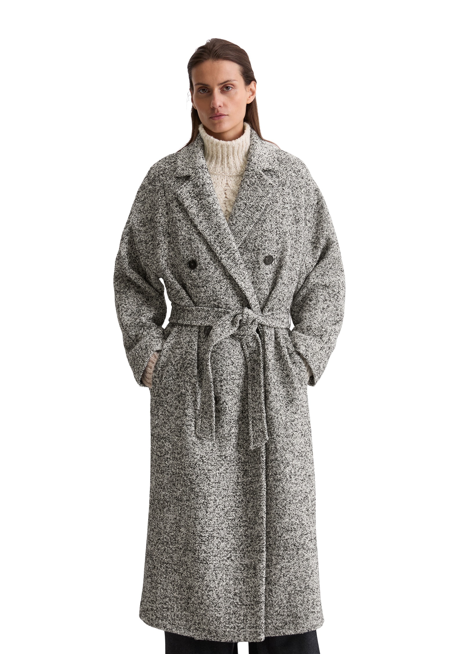 Wollmantel MARC O'POLO "aus recyceltem Wolle-Polyester-Mix", Damen, Gr. 34, schwarz braun, Obermaterial: 39% Polyester, 29% Polyacryl, 17% Baumwolle, 15% Wolle (Schafwolle); Futter: 100% Viskose, unifarben, relaxed fit, Mäntel