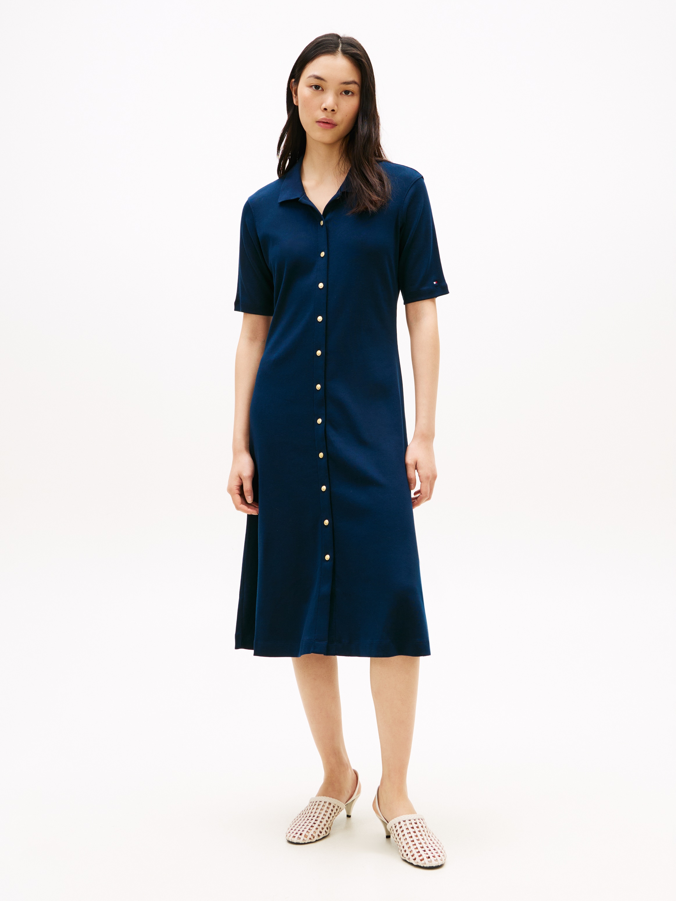 Polokleid TOMMY HILFIGER "GOLD BUTTON F&F MIDI DRESS", Damen, Gr. S (36/38), N-Gr, schwarz night navy, Jersey, Obermaterial: 100% Baumwolle, unifarben, gerade wadenlang, Kleider, mit Logo-Stickerei