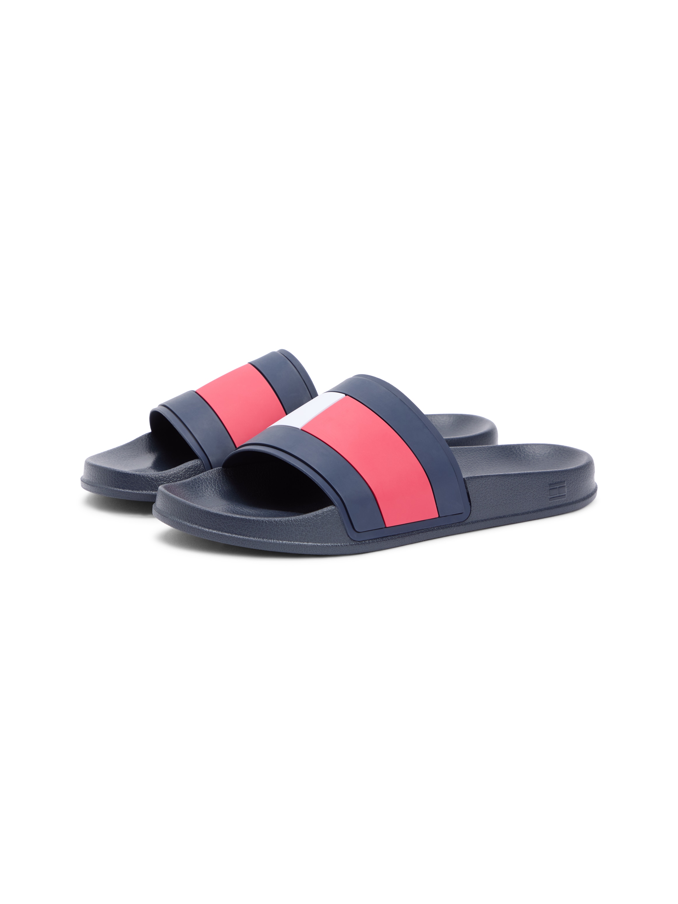 Pantolette TOMMY HILFIGER "CORE HILFIGER FLAG POOL SLIDE", Herren, Gr. 43, dunkelblau, Gummi, kontrastfarbene Details, Schuhe Pantolette, Strandschuh, Flats, Schlupfschuh in typischen Tommy Farben