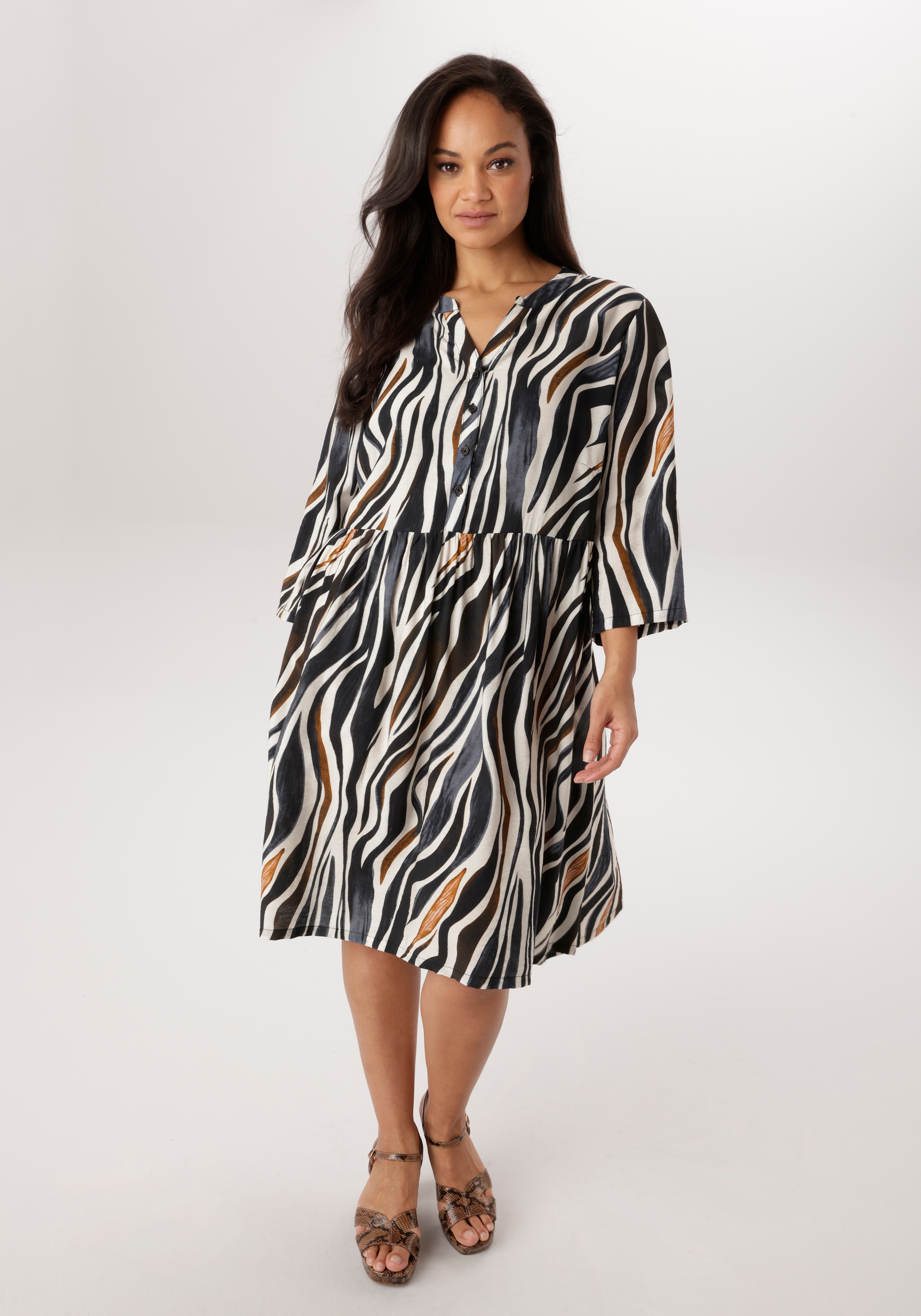 Tunikakleid ANISTON PLUS, Damen, Gr. 54, N-Gr, weiß, braun, grau, Web, Obermaterial: 85% Viskose (LENZING™), 15% Polyester, bedruckt, gemustert, gestreift, figurumspielend kniebedeckend, V-Ausschnitt, Krempelärmel 1-Knopf-Manschette, Kleider, im...