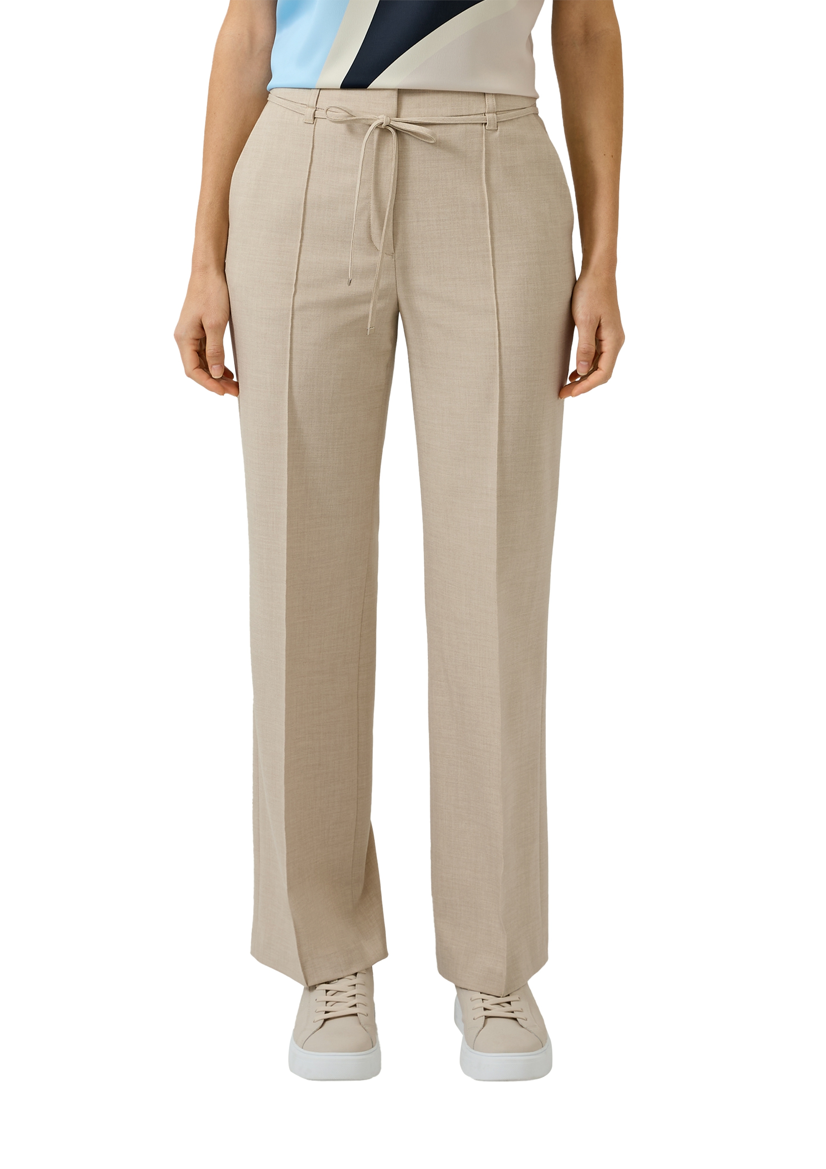 Anzughose S.OLIVER BLACK LABEL, Damen, Gr. 42, N-Gr, beige, Web, Obermaterial: 62% Polyester, 33% Viskose, 5% Elasthan, unifarben, regular fit lang, Hosen Anzughose, mit Bindeband