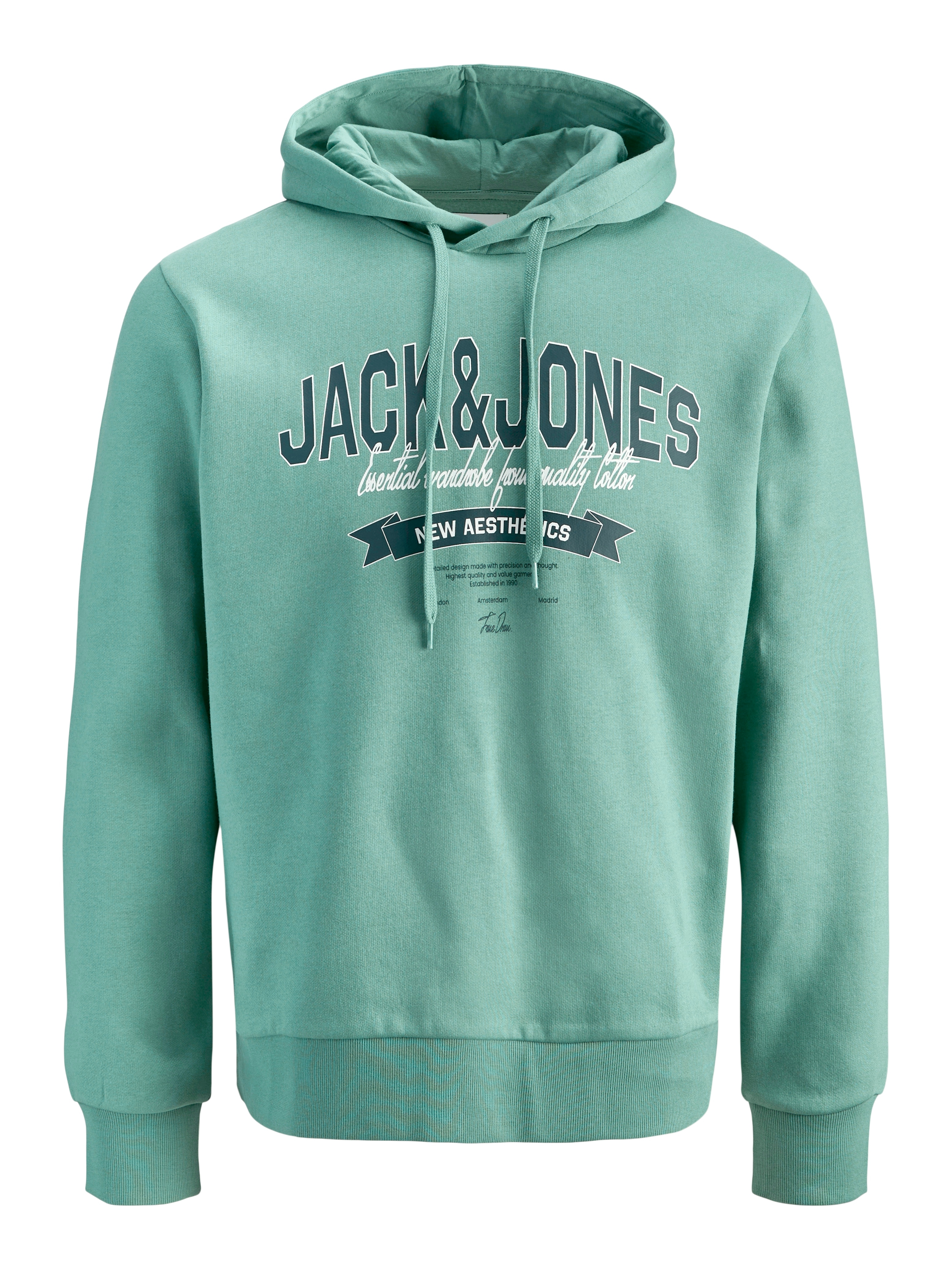 Hoodie "JJELOGO SWEAT HOOD 2 COL 24/25 NOOS PLS", Herren, Gr. 5XL, mineral blau, angeraute Sweatware, Obermaterial: 70% Baumwolle, 30% Polyester, JACK & JONES PLUSSIZE, regular fit normal, ohne Ausschnitt, Rippbündchen, Sweatshirts Hoodie, mit Logo...