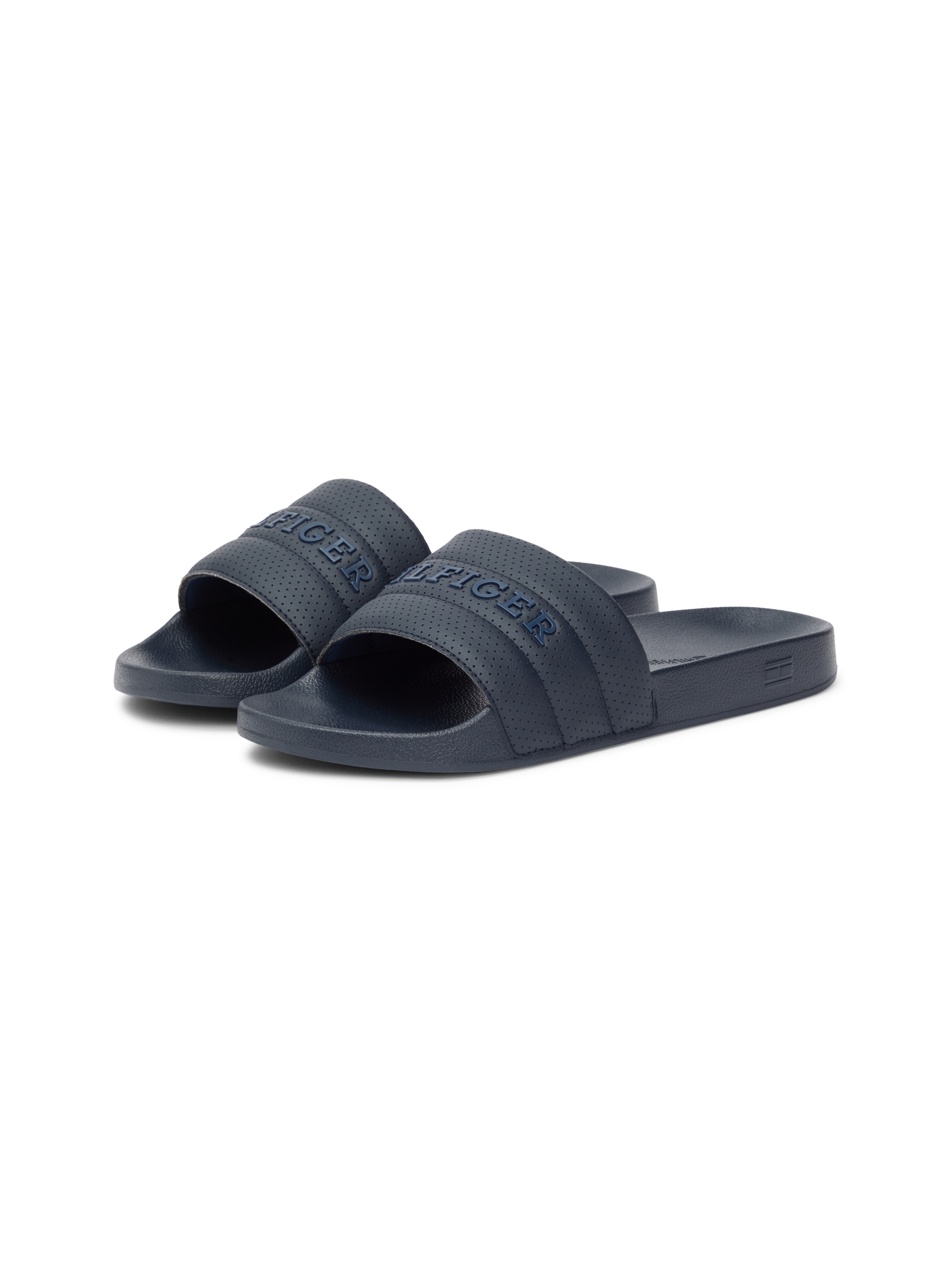 Pantolette TOMMY HILFIGER "HILFIGER PAD PERF POOL SLIDE", Herren, Gr. 42, dunkelblau, Lederimitat, unifarben, Schuhe Pantolette, Sommerschuh, Badepantolette mit Logoschriftzug