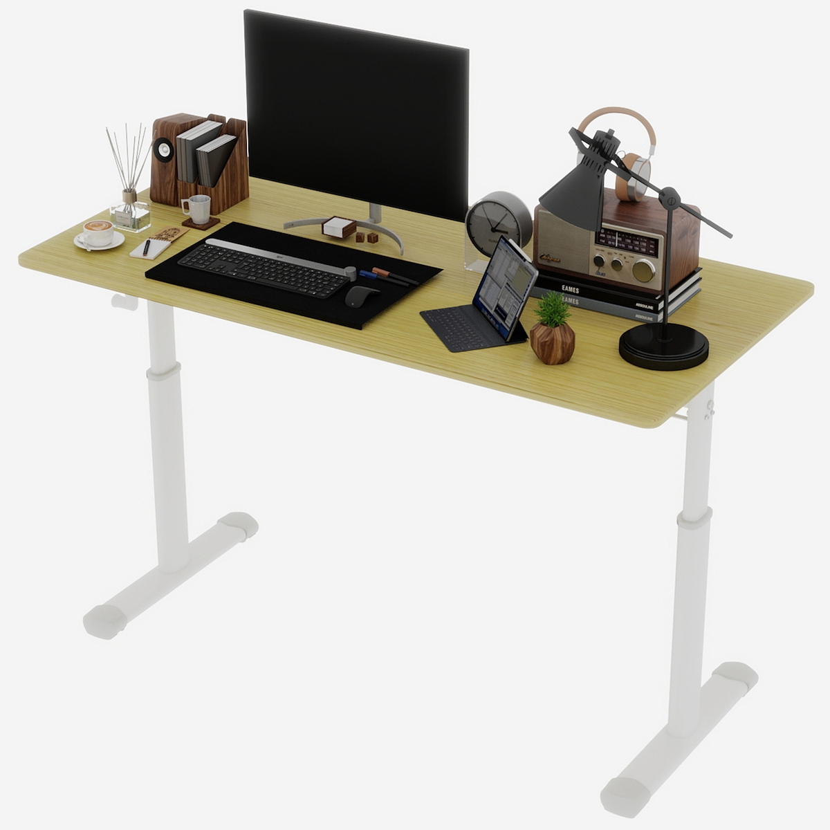 STILVORA Höhenverstellbarer Schreibtisch 90x120x60 cm mit Handkurbel Metall Holzoptik kompakt stabiler Doppel Säulen Rahmen für Homeoffice Image