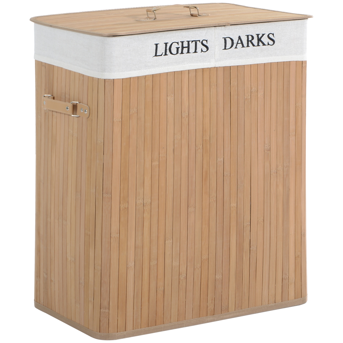 OKWISH Wäschekorb Bambus Natur 52x32x63 cm 100 L mit Deckel herausnehmbarem Segeltuchsack 2 Fächern PU Griffen belüftet Image