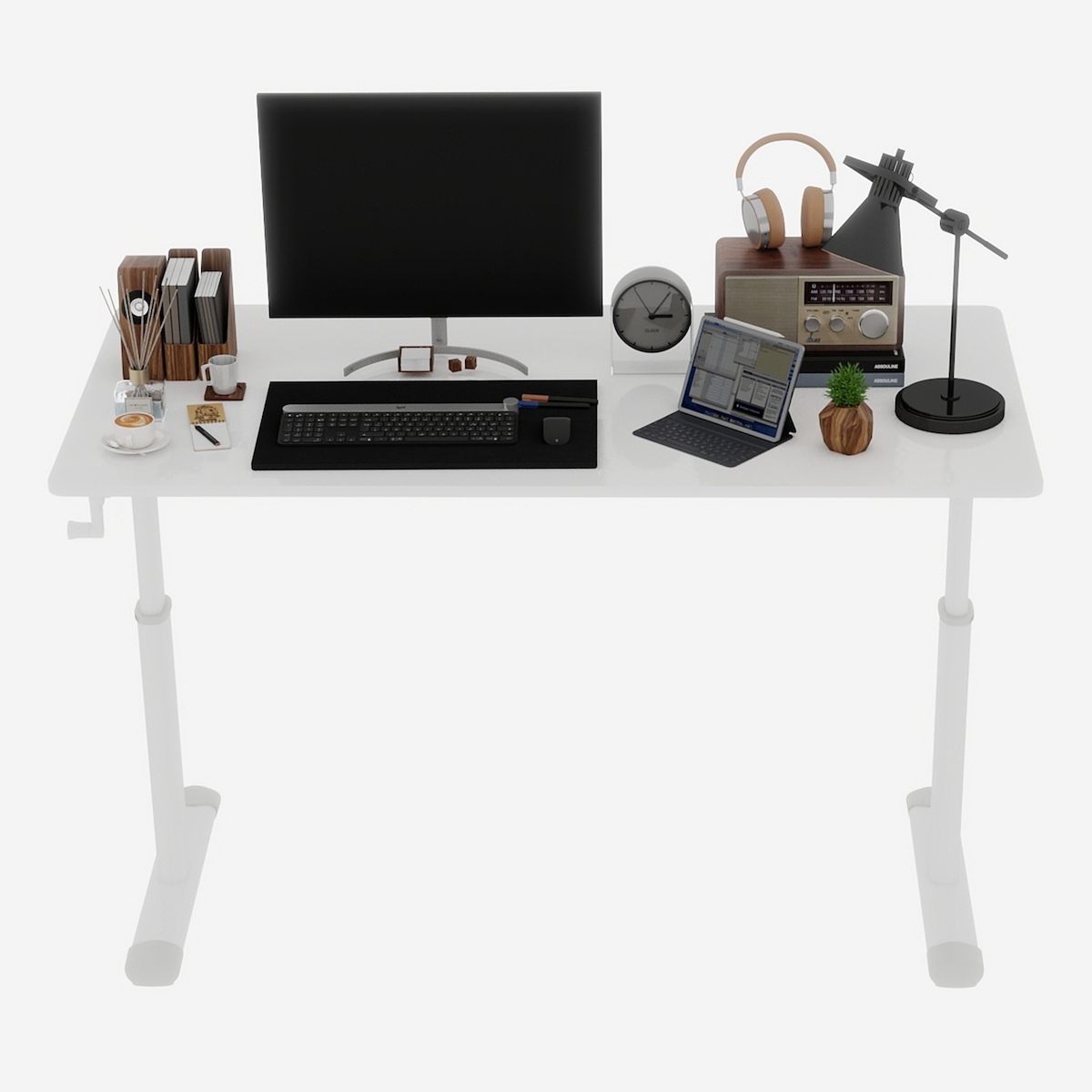 OKWISH Schreibtisch höhenverstellbar Weiß 90x120x60 cm mit Handkurbel, Doppelsäulen-Gestell, kompakt für Homeoffice und Büro Image