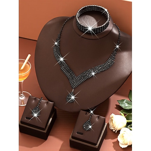Goldfarbenes Strass-Schmuckset für Damen – funkelnde Tropfenkette, Hängeohrringe Kristallarmband, elegante Statement-Accessoires für Partys besondere Veranstaltungen Image