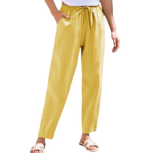 Damen Hose aus Baumwollleinen Chinos Urlaub Streetwear Basic Knöchellang Mittlere Taillenlinie Einfach Kordelzug Tasche Bequem Komfort Unelastisch Täglich Outdoor Urlaub Grau Schwarz Weiß Gelb Sommer Image