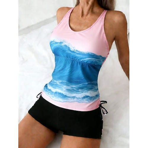 Damen Badeanzug Tankini Zweiteilig Hohe Taillenlinie Bademode Bauchkontrolle Hohe Taille Schlank Rückenfrei Urlaub Strandbekleidung Ombre U-Ausschnitt Ärmellos Badeanzüge Image