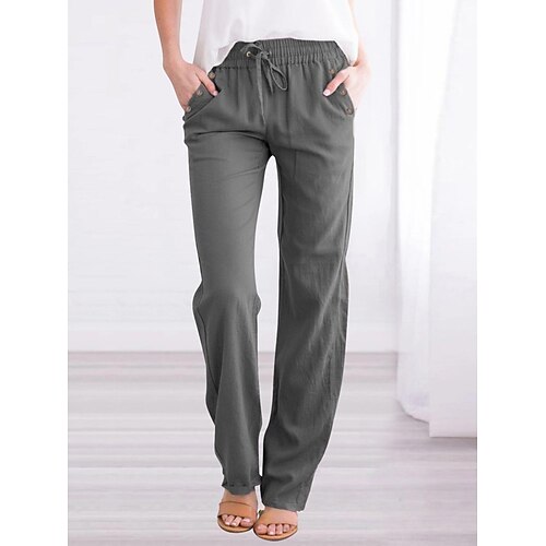 Damen Hose aus Baumwollleinen Weites Bein Chinos Urlaub Streetwear Basic Volle Länge Mittlere Taillenlinie Einfach Kordelzug Tasche Bequem Komfort Unelastisch Täglich Outdoor Urlaub Dunkelgrau Image