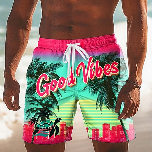Herren Kokospalme Tropische Pflanzen Badehosen Badeshorts Boardshorts Mittlere Taille Hawaiianisch Strandurlaub Seitentaschen Netzfutter Elastischer Kordelzug in der Taille Designer Bekleidung Image