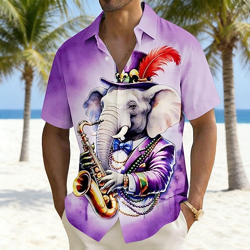 Karneval Herren Elefant Karnival Mardi Gras Fleur De Lis Hemd Sommerhemd Knopfhemd Kurzarm Vintage-Retro Ferien Sommer Umlegekragen 3D-Druck Leinenähnliches Hemd Purpur Grün Image
