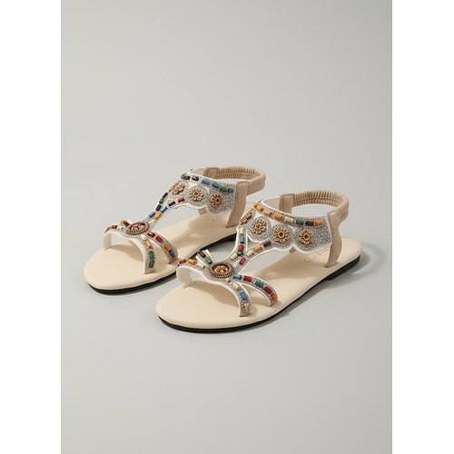 Schwarze, flache Damen-Sandalen im Boho-Stil mit mehrfarbiger Perlenstickerei – sommerliche Schuhe mit ethnischem Blumenmuster und T-Riemen für tropische Urlaube und Strandreisen Image