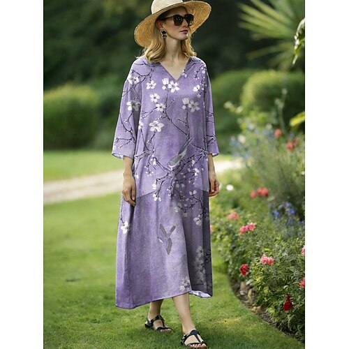 Damen Maxi Kleid Leinenähnlich Atmungsaktiv Leicht Sommerkleid A-Linie Kleid Urlaub Lässig Boho Strand Lockerer Schnitt Floral Grafik 3/4 Länge Ärmel V-Ausschnitt Blau Pink Lila Beige Sommer Frühling Image
