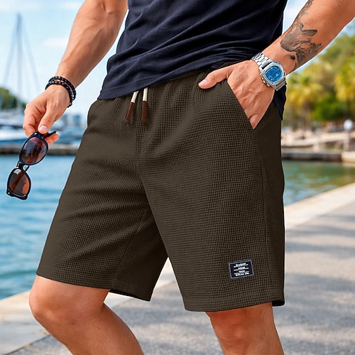 Herren Waffel-Shorts Shorts Sommershorts Freizeitshorts Kordelzug Tasche Elastischer Bund Einfach Einheitliche Farbe Komfort Atmungsaktiv Knielang Lässig Outdoor Urlaub Sport Lässig Schwarz Weiß Image