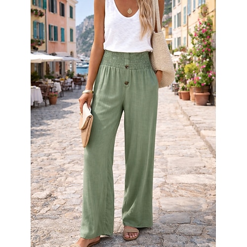 Damen Hose aus Baumwollleinen Weites Bein Chinos Hosen Hose Urlaub Streetwear Basic Volle Länge Mittlere Taillenlinie Einfach Tasche Elastischer Bund Bequem Komfort Mikroelastisch Outdoor Urlaub Image