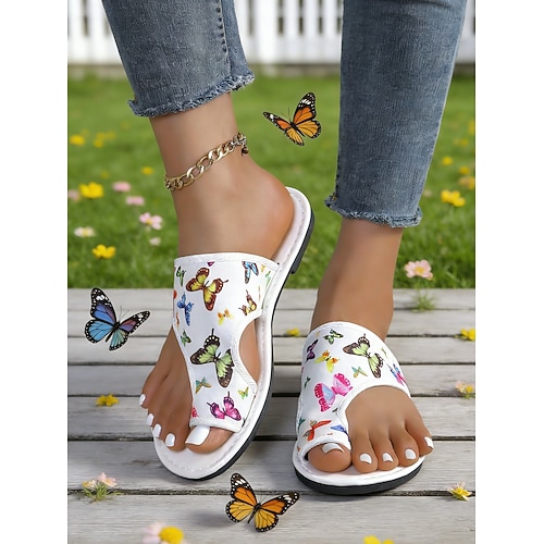 Weiße, flache Pantoletten mit Schmetterlingsmuster für Damen – lässiger Sommerstil, leichter Tragekomfort für Damen, ideal für Strand, Urlaub, Garten und Alltag Image
