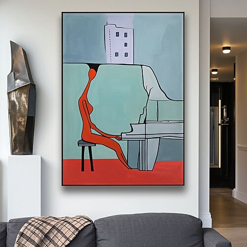 Handgemaltes abstraktes Ölgemälde einer Klavierspielerin, Musikzimmerkunst, modernes abstraktes Musik-Ölgemälde eines abstrakten Figurenporträts Image