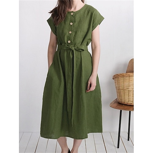 Damen Midikleid Baumwoll-Leinen-Kleider Shiftkleid Freizeitkleid Mode Basic Modern Täglich Outdoor Urlaub Normale Passform Einfach Kurzarm Rundhalsausschnitt Rote Marineblau Grün Grau Sommer Frühling Image