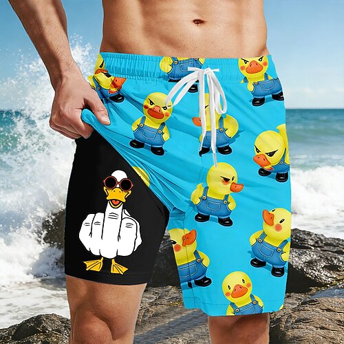 Herren Lustig Ente Mittelfinger Gefütterte Shorts 2 in 1 Badeshorts Badeshorts Mittlere Taille Hawaiianisch Strandurlaub Seitentaschen Mit Kompressionsfutter Elastischer Kordelzug in der Taille Image