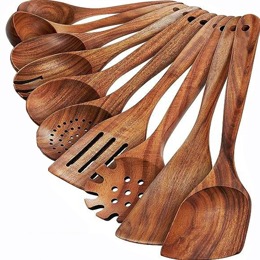 Leicht zu reinigender Küchen-Teakholz-Holzlack E-co-freundlich 10-teiliges Spatel Tiefe Suppen kelle Löffel Holz-Utensilien-Sets