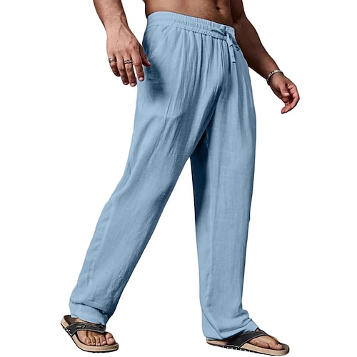 Herren Leinenhosen Hose Baggy-Hosen Strandhose Kordelzug Tasche Elastischer Bund Einfach Komfort Weich Volle Länge Lässig Täglich Outdoor Urlaub Mode Blau Schwarz Mikroelastisch Image