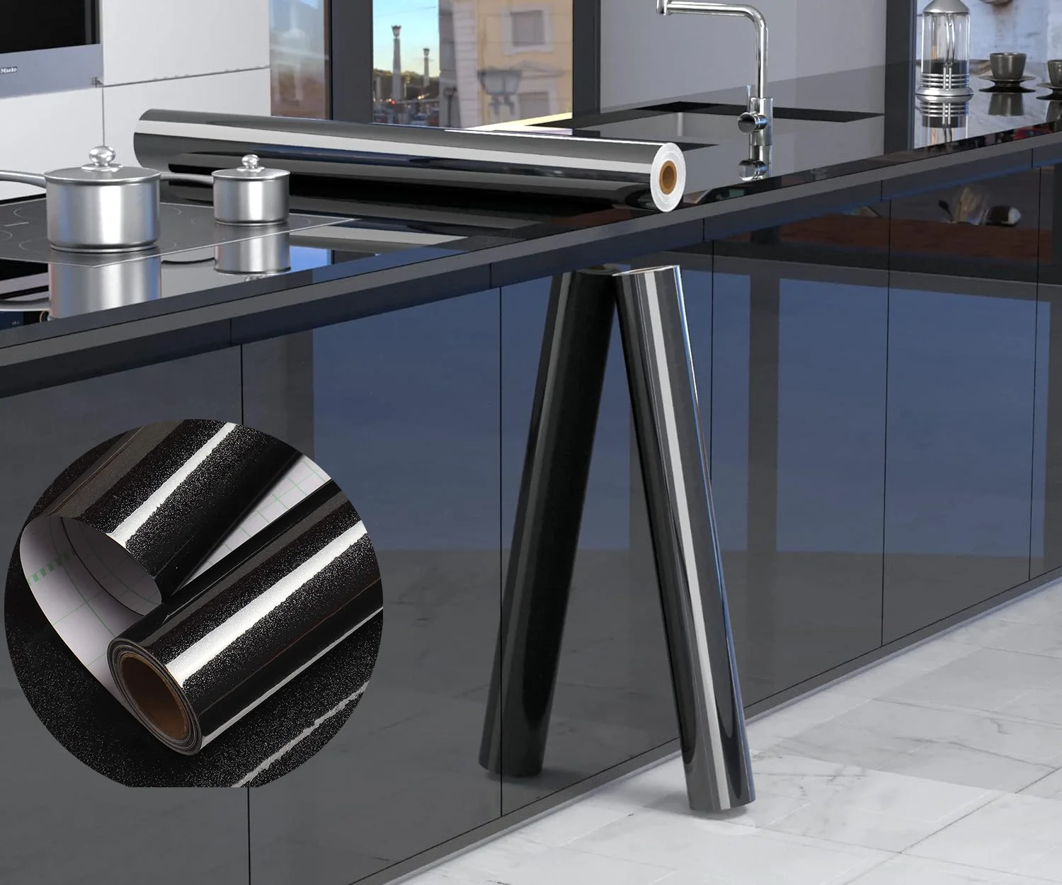 ORON DECO Schwarze Wandtapeten Glänzende Glitzer Selbstklebende Moderne Design Wasserdichte Abzieh- und Aufkleb-Tapete für die Küche