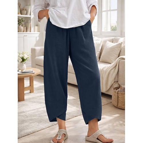 Damen Hose aus Baumwollleinen Weites Bein Chinos Sommerhose Urlaub Streetwear Basic Knöchellang Mittlere Taillenlinie Einfach Tasche Bequem Komfort Unelastisch Täglich Outdoor Urlaub Weinrot Grau Image