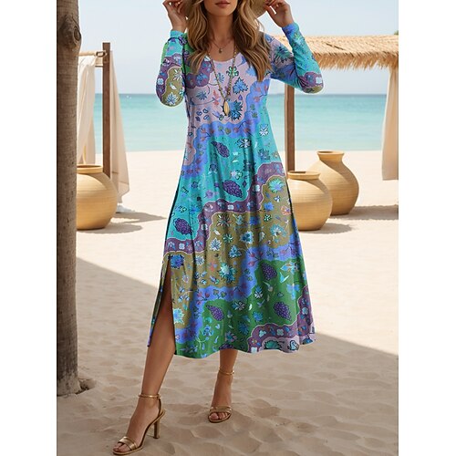 Damen Midikleid T-Shirt-Kleid Lässig Täglich Schlank Grafik Geometrisch Langarm Rundhalsausschnitt Blau Gelb Rote Purpur Sommer Frühling Image