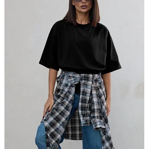 Damen T Shirt 100% Baumwolle Einfarbig Stilvoll Klassisch Lässig Kurzarm Rundhalsausschnitt Rundhals Normale Oberteile Täglich Ausgehen Schwarz Weiß Wein Dunkelgray Sommer Frühling Image
