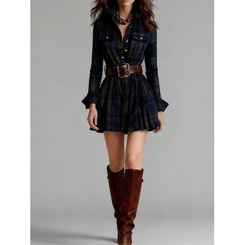 Damen Minikleid Kariertes Kleid Hemdblusenkleid Boho-Kleid Vintage Mode Outdoor Urlaub Ferien Normale Passform Karomuster Langarm Hemdkragen Weiß Dunkelgrün Braun Dunkelblau Sommer Frühling Herbst Image