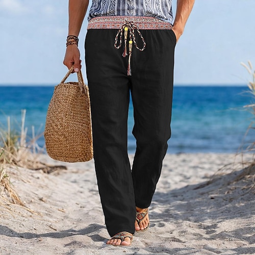Herren Hose Sommerhose Baggy-Hosen Strandhose Kordelzug Tasche Elastischer Bund Einfach Komfort Atmungsaktiv Volle Länge Lässig Täglich Outdoor Hawaiianisch Böhmische Schwarz Weiß Unelastisch Image