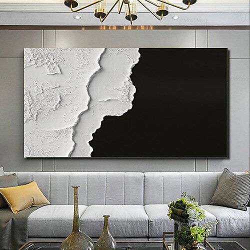 handgemalte, schwarz strukturierte Wandkunst, abstrakte Kunst in Schwarz-Weiß, Strandgemälde in Schwarz-Weiß, 3D-Wandkunst in Schwarz-Weiß mit Struktur Image