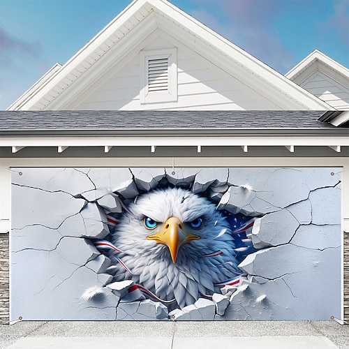 Garagentorabdeckung zum 250. Jahrestag der USA: Optische 3D-Täuschung eines Weißkopfseeadlerkopfes, hergestellt aus einem 2D-Druck mit rissiger Wand als Hintergrunddesign – patriotische Dekoration für die Feierlichkeiten zum 4. Juli, dem... Image